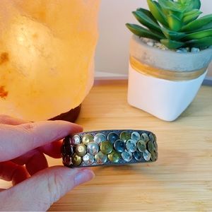 Genuine Leather Mixed Metal Gold Silver Studded Cuff Bracelet Snap Closure Brown